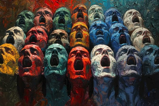 Chorus of Screaming Male Faces Expressing Pain, Anger, and Suffering