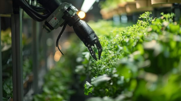 Robotic Arm Working with Hydroponic Plants in Vertical Farm