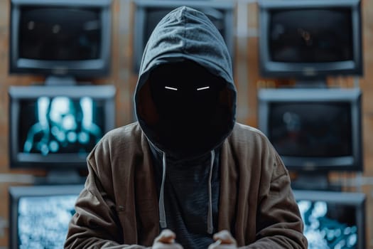 Hooded Hacker with Glowing Eyes. Hacking, Surveillance, and Cybercrime
