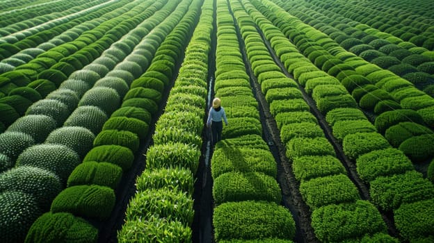 Farmer tending to rows of vibrant green tea bushes on a farm in a rural landscape