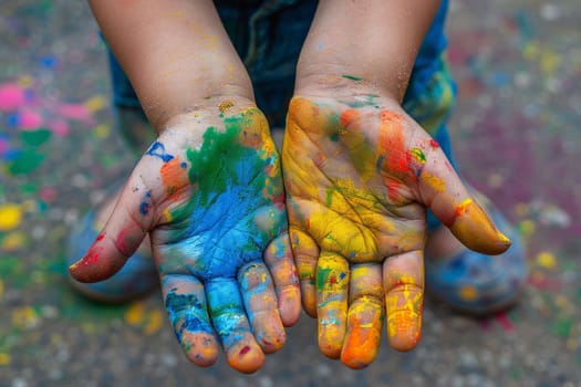 Childs Hands Covered in Colorful Holi Powder Paint for the Festival of Colors Celebration