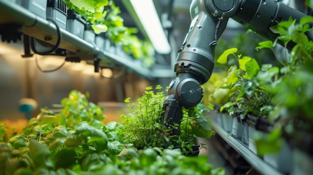 Robot arm tending to basil plants in automated indoor vertical farm. Smart agriculture, farm technology, and food production concept with AI and robotics.