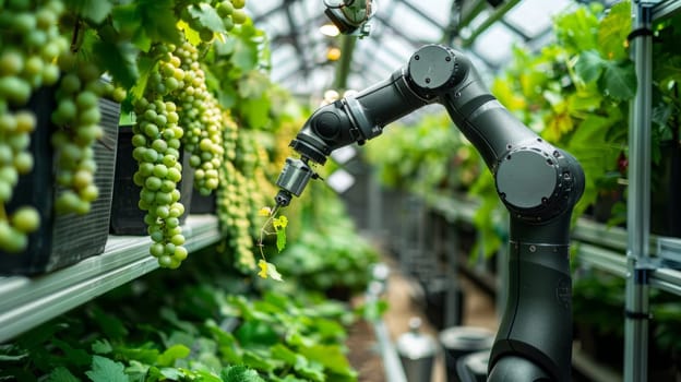 Robotic arm harvesting grapes in modern greenhouse. Automated agriculture technology for sustainable vineyards.
