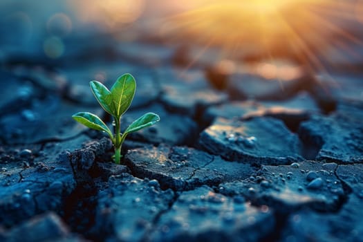 Green Seedling Growing in Cracked Soil. A Symbol of Hope and Resilience Amidst Climate Change and Global Warming