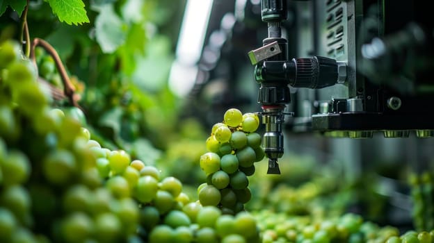 Robotic arm harvesting grapes in vineyard, Automation in modern viticulture