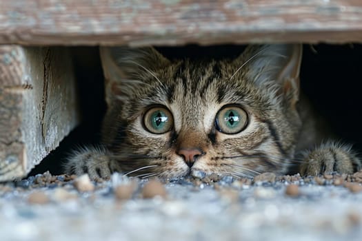 Curious Tabby Cat Hiding Under Wooden Porch, Watching with Big Green Eyes