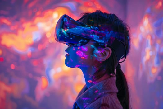 Young Woman Immersed in Virtual Reality Metaverse Experience