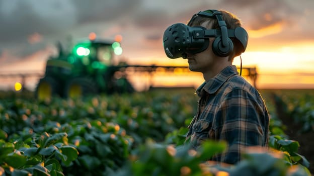 Farmer using virtual reality technology in agricultural field at sunset, exploring precision farming and modern agricultural practices. Concept of innovation, technology, and sustainable agriculture