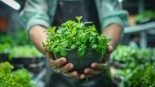 Hands holding fresh green parsley plant, gardening and growing herbs concept