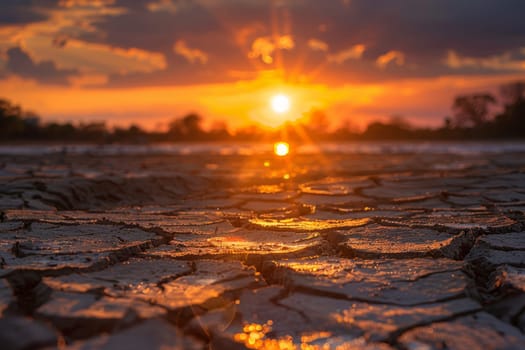 Dry cracked earth at sunset with orange sky. Concept of climate change, drought, global warming, arid, and environment.