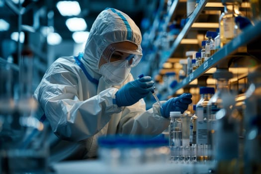 Scientist in protective suit examining test tubes in chemical laboratory. Concept of scientific research, analysis, and experimentation.