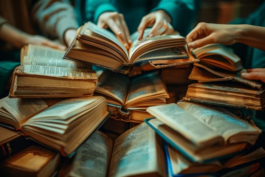 Hands exploring ancient books, knowledge and wisdom in vintage literature. Concept of study, education, research and curiosity