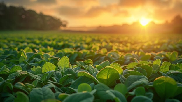Vibrant cabbage field at golden sunset, lush green leaves basking in warm sunrays, serene agricultural landscape