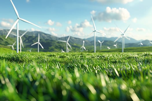 Wind Turbine farm generating clean and sustainable energy with mountain landscape background, concept of green energy and eco friendly power generation