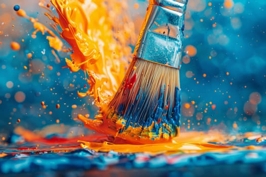 Paintbrush with Orange and Blue Paint Splashing on Canvas, Creating Abstract Art with Vibrant Colors