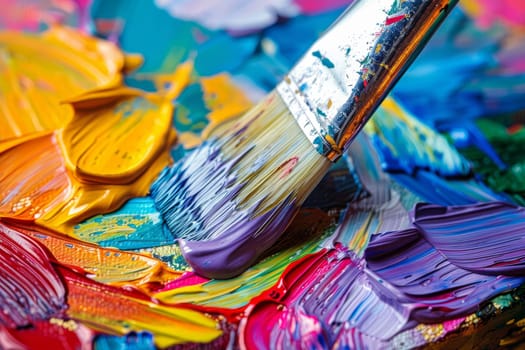 Artists Brush Mixing Vivid Colors on Palette, A Close Up of Creativity and Artistic Expression