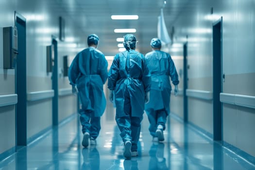 Surgical team walking in hospital corridor, medical professionals in scrubs, healthcare workers, emergency preparedness