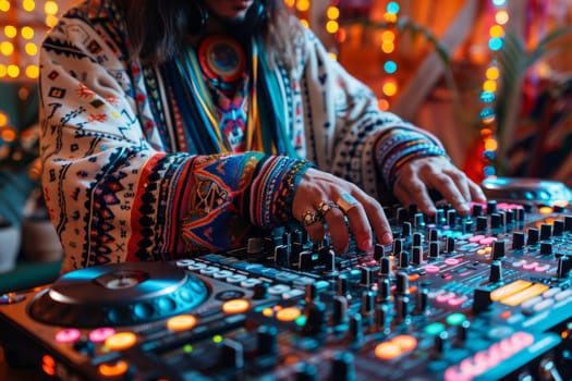 Female DJ hands mixing music on colorful illuminated deck, ethnic pattern sweater. Concept of music, nightlife, entertainment