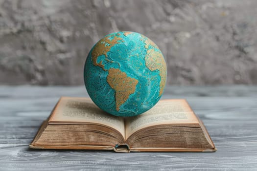 Teal and Gold Globe on Open Book, Education, Knowledge, and Global Learning