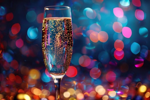 Champagne Flute with Sparkling Wine Bubbles Against Colorful Bokeh Lights Background