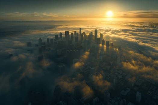 Golden Sunrise Over Foggy Cityscape of Skyscrapers and Buildings in Modern Metropolis