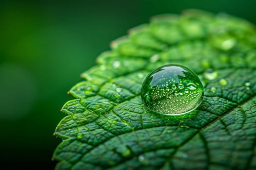 Macro Photo of Water Droplet on Green Leaf. Nature, Reflection, and Freshness