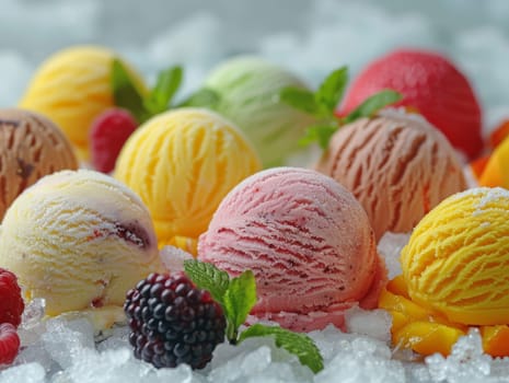 Assorted colorful ice cream scoops with fresh berries and mint leaves. Delicious summer dessert or frozen treat with variety of flavors on ice background.