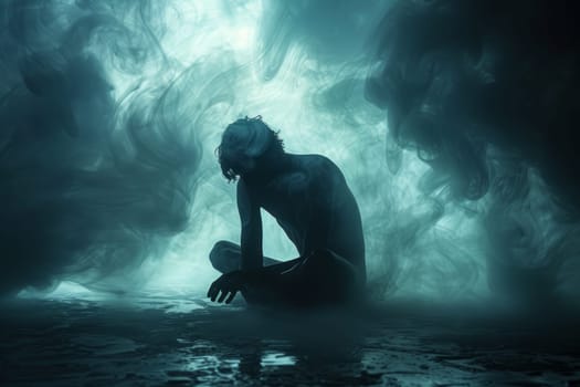 Silhouette of a pensive man in smoky atmosphere, depicting melancholy, depression or inner turmoil