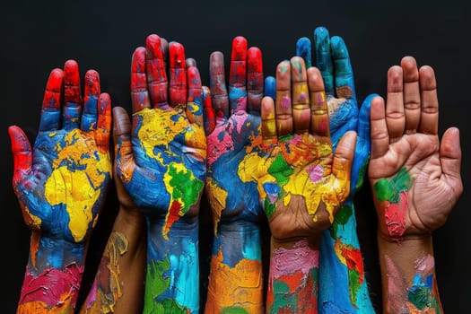Hands Painted in Vibrant Colors Depicting World Unity and Global Harmony