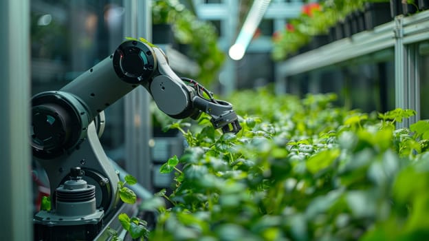 Close-up of robotic arm working in a greenhouse. Modern technology.