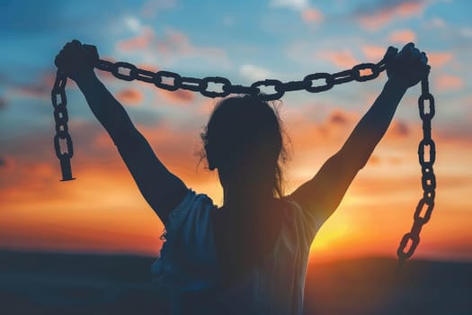 Silhouette of woman breaking free, holding broken chains at sunset. Concept of freedom, strength, and overcoming challenges.