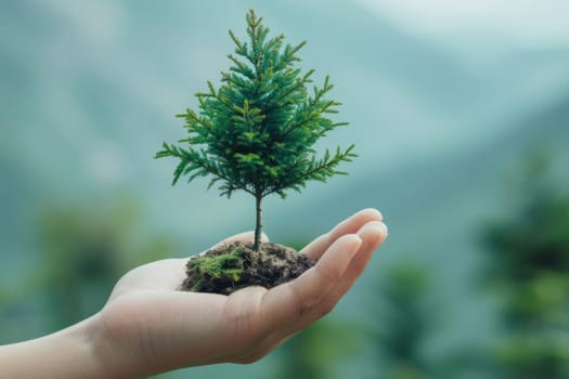 Close up of Hand Holding Young Plant with Blurred Forest Background, Representing Concepts of Environmentalism, Growth, and Sustainability