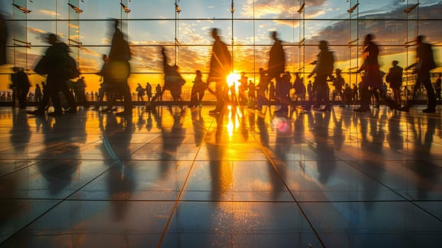Silhouettes of Business People Rushing Through Airport at Sunset. Travel, Business, and Transportation Hub