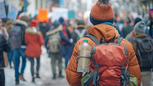 Protesters march through city streets from a back view, winter clothes, carrying signs, expressing dissent and unity.