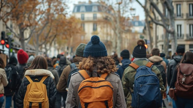 Urban street filled with diverse people walking under autumn trees, viewed from behind in natural daylight