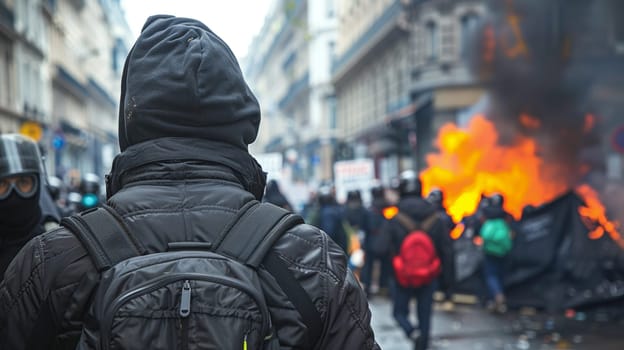 Back view of anonymous protesters on busy city street amidst chaos, flames from fire during demonstration