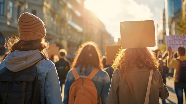 Young protesters march in urban setting as sun sets, highlighting unity and peaceful activism with signs held high