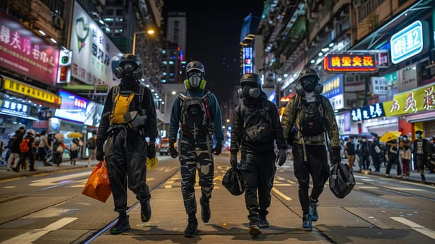 Masked protesters walk determined through city street amidst nighttime urban protest, concept of civil unrest, demonstration