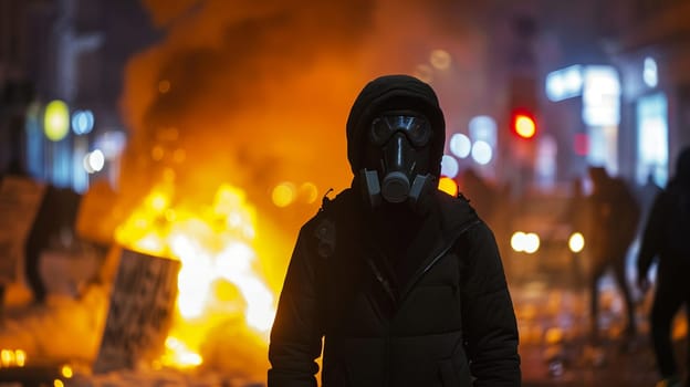 Dramatic image shows protester wearing gas mask amidst flames, signs of civil unrest during night in city street.