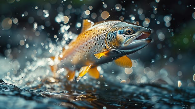 Stunning shot captures energetic salmon jumping mid-air with splashing water in natural habitat