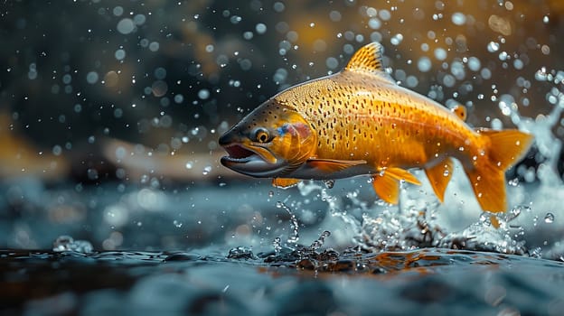 Captivating scene shows salmon jumping dynamically, water drops create enchanting atmosphere in sunlit river