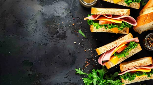Tasty ham and cheese sandwiches showcased beautifully on dark, textured surface with scattered spices and greens.