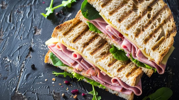 Close-up image capturing grilled ham and cheese sandwich with fresh arugula leaves on dark textured backdrop