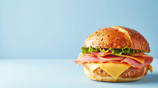 Close-up view of juicy ham and cheese sandwich on bright blue background, ideal for snack or lunch concepts.