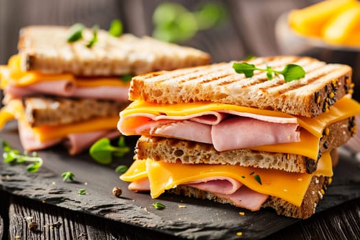 Delicious ham and cheese sandwich, layers of cheddar, ham, fresh greens, showcased on rustic whole grain bread.