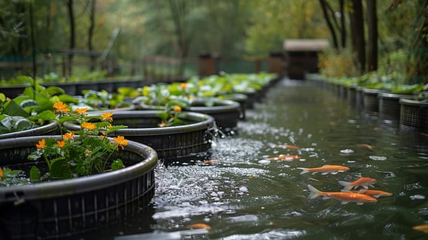 Tranquil koi pond reflects nature's beauty amid lush plants and blooms