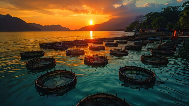 Stunning sunset bathes fish farm in warm light, with mountains in background and vibrant reflections on calm water.