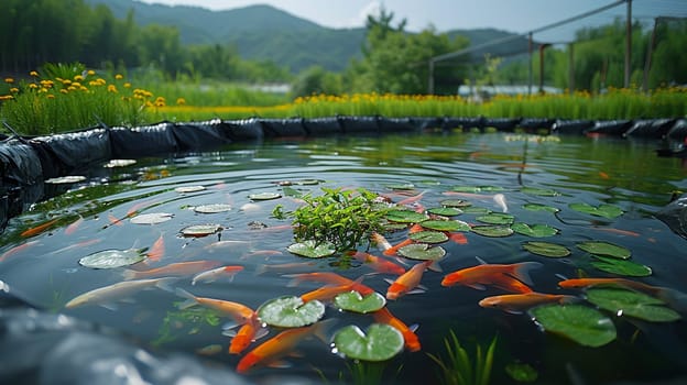 Colorful koi fish glide under water amidst floating lily pads with sunlit flowers in background
