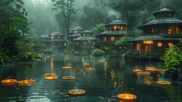 Traditional Japanese houses glow with warmth beside calm pond, mist hangs in air above lush greens and floating lights reflect beautifully