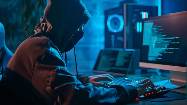 Cyber criminal masters technology, sits typing commands, hacks systems night. Hooded figure combats cyber security under cover of darkness.